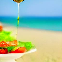 Ensalada con aceite de oliva en la playa